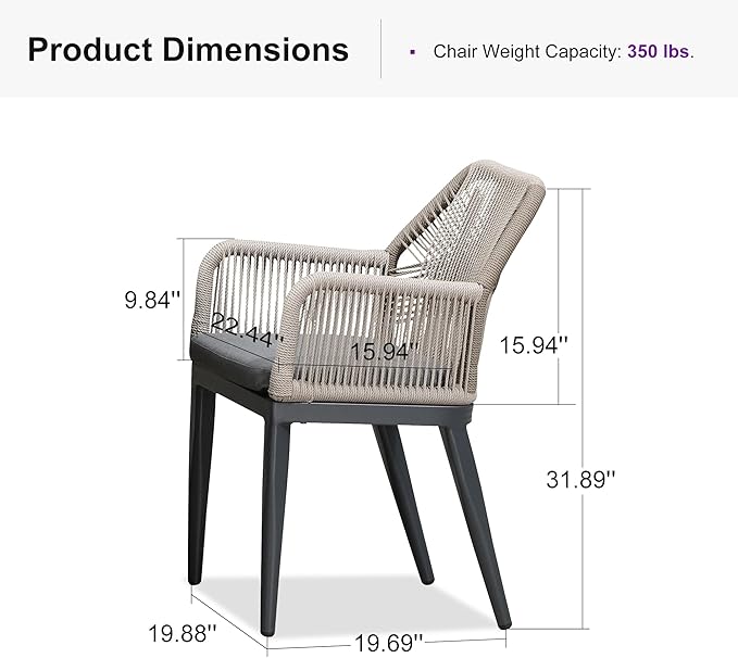 PURPLE LEAF Patio Dining Chair Set 2 Pieces Metal Modern Furniture Seating for Garden Kitchen Porch Outdoor Rattan Dining Chairs with Armrests and Cushions, Dark Grey