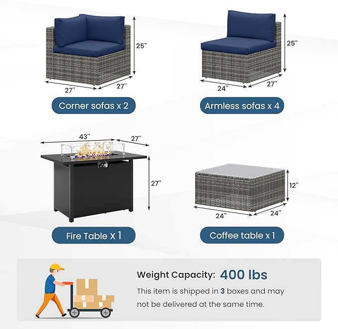 8 Pieces Outdoor Patio Furniture Set with 43" Fire Pit Table, Wicker Outdoor Patio Sectional Sofas with Coffee Table and Cushions, All-Weather Patio Conversation Set for Backyard Garden, Navy Blue