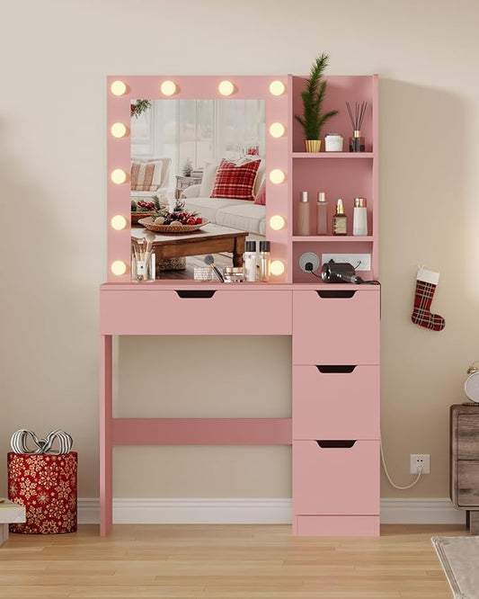 Garvee Vanity Desk with Mirror and Lights - Makeup Vanity Desk with 4 Drawers, Built-in Power Outlet & USB, Adjustable LED Lighting, Makeup Table for Bedroom (Pink)