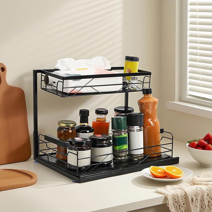 Pull Out Under Sink Organizer, 2 Tier Kitchen Cabinet Organizer with Suction Cups, PVC Mat, Sliding Drawer, Metal Cleaning Supplies Storage Shelf for Laundry, Pantry, Bathroom