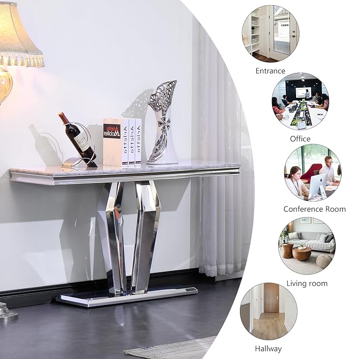 Asday Silver Console Table, Mirrored Sofa Table with Geometric Steel Base, Modern Silver Narrow Rectangular Console Table for Entryway, Living Room, Office, Coffee Bar, Front Hall