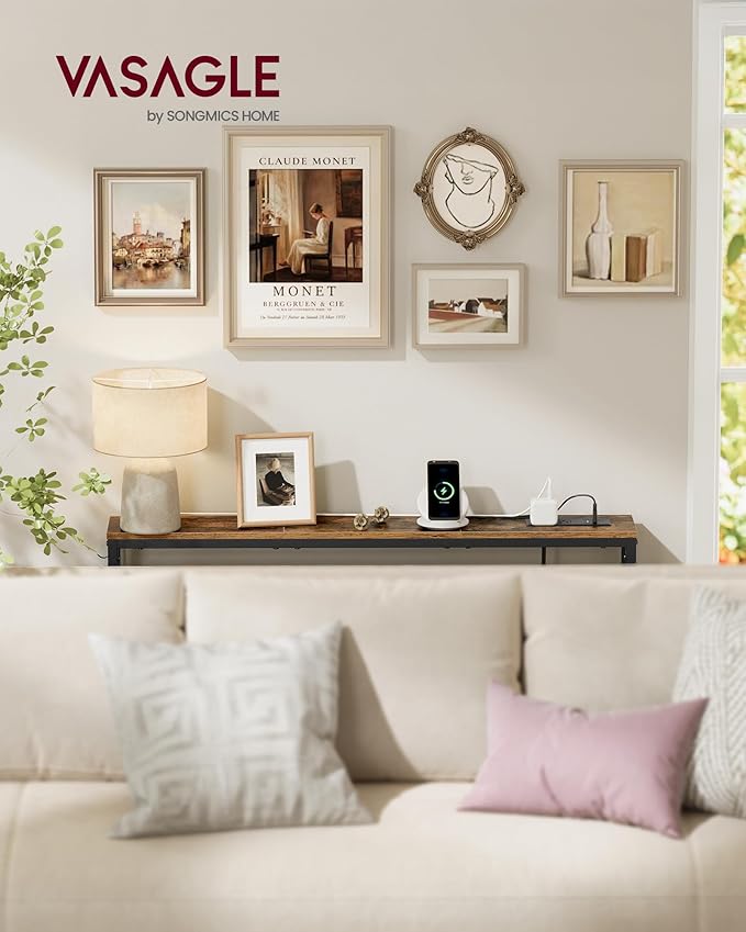 VASAGLE Console Table with Power Outlet, Slim Behind Couch Sofa Table, 5.9 x 39.4 x 31.5 Inches, 1 Hook, Easy Assembly, for Entryway, Living Room, Rustic Brown and Ink Black ULNT079K01