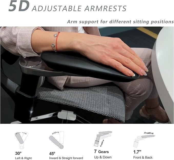 Ergonomic Office Chair, Mesh Home Desk Chair with Adaptive Lumbar Support, Gaming Chair with Headrest, 5D Armrest,90-130°Tilt, BIFMA Certified, Model Zen (Grey)