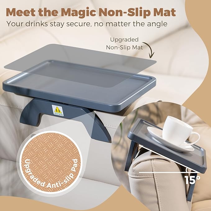 Couch Armrest Table, Foldable Bamboo Sofa Arm Tray for Couch with a Non-Slip Pad, Clip On Couch Arm Table for Remotes/Eatting/Drinks, Fits Sofa Armrest 3.5"-13.5" Gray