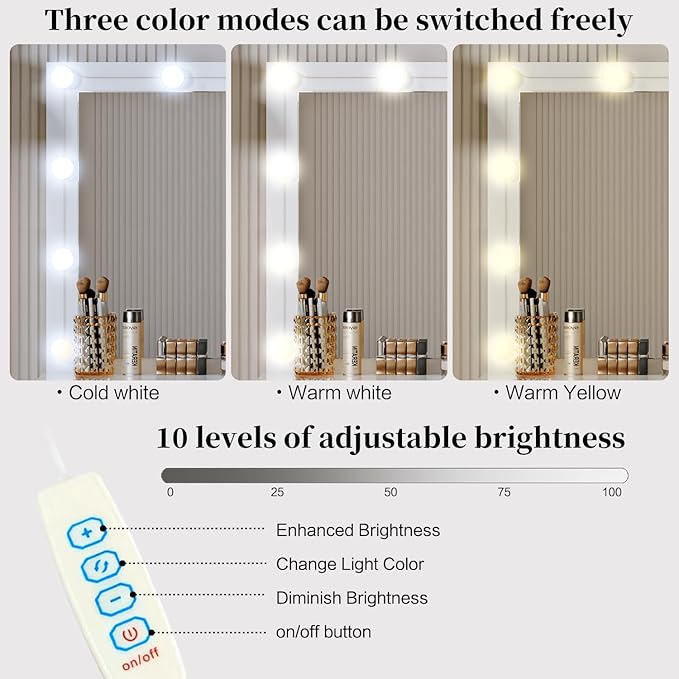 Fluted Makeup Vanity Desk with 46" HD Lighted Mirror,Big Modern Vanity Desk with Mirror and 12 LED Lights, Dressing Table with 11 Drawers, Glass Top for Bedroom,Cream