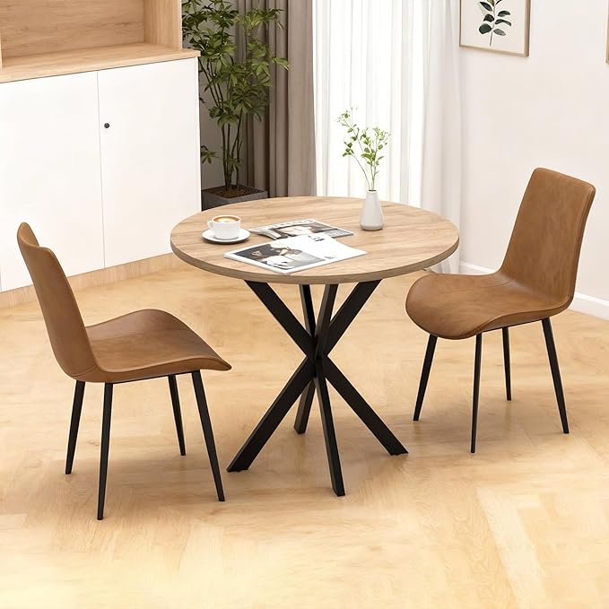 31.5" Round Dining Table and Chairs Set for 2, Small Dining Table Chairs Set Space-Saving, Round Table Set with Upholstered Chairs for Kitchen Dining Room Apartment(Natural + Brown)