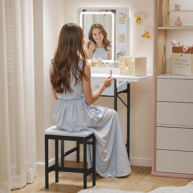 Small Vanity Desk for Mini Space: Compact Makeup Table Set for Tiny Bedroom - Space Saving Vanity for Girls
