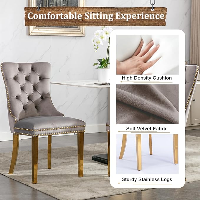 7 Piece Dining Table Set with 6 Grey Dining Chairs, Modern Glass Kitchen Table and Chairs Set for 6, 70" Rectangle Gold Glass Pedestal Dining Room Tables with Flash-Shape Stainless Steel Base