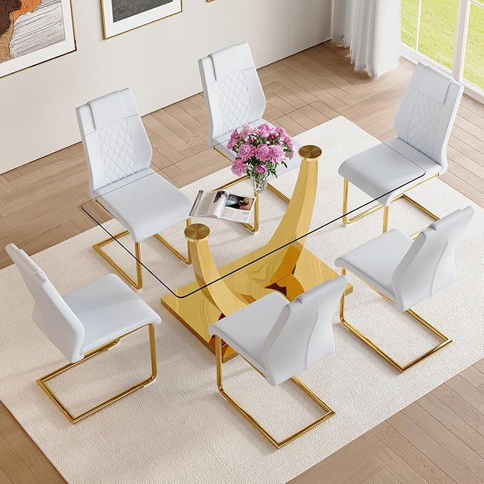 AZmac 63" Glass Dining Table Set for 6,Luxury Gold Dining Room Set with Stainless Steel Pedestal, Rectangular Tempered Glass Kitchen Table with PU Leather Chairs, for Kitchen Apartment