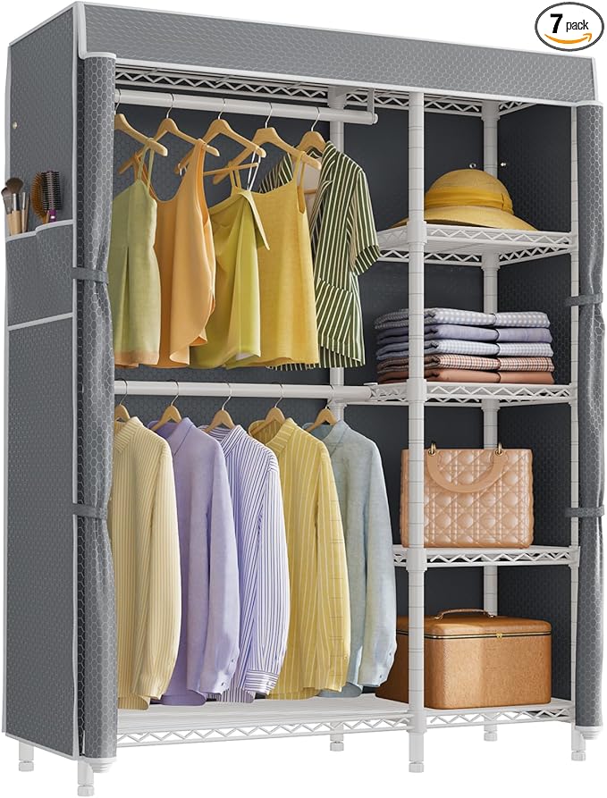 VIPEK V7C Garment Racks with Cover Portable Closets for Hanging Clothes, Heavy Duty Clothes Rack with Shelves Metal Closet Wardrobe, Max 670lbs, White Rack with Grey Upgraded Polyester Cover