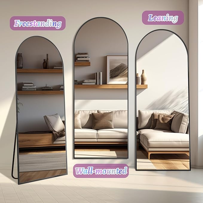 Full Length Mirror, 58"x18" Arched Floor Mirror Freestanding, Floor Standing Full Body Mirror with Stand for Bedroom, Hanging Mounted for Living Room Cloakroom, Black