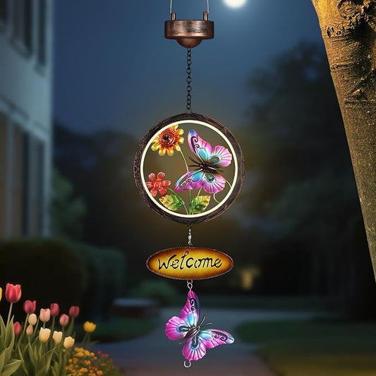 Butterfly Solar Lantern Outdoor Waterproof Welcome Sign lamp Birthday Gifts for Women Mom Outside Hanging Lights Decor for Garden Yard Patio Backyard Porch