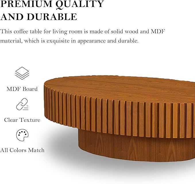 Oval Coffee Table, Handcrafted Fluted Drum Coffee Tables Modern Wood Coffee Table Drum Center Table for Living Room, Apartment (Oval Wood)
