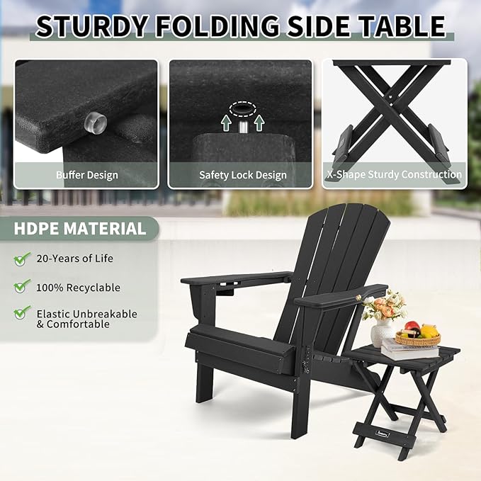 FUNBERRY Outdoor Folding Adirondack Side Table, Portable No Assembly Patio End Table HDPE All Weather