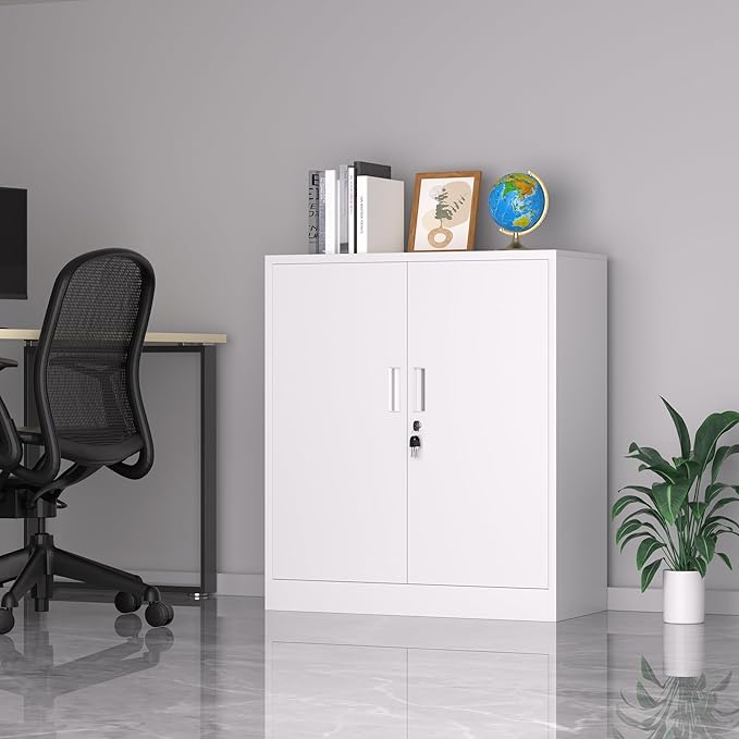 Metal Storage Cabinet with Locking Doors and 2 Adjustable Shelves, Small Lockable Storage Cabinet for Home Office Garage (White)