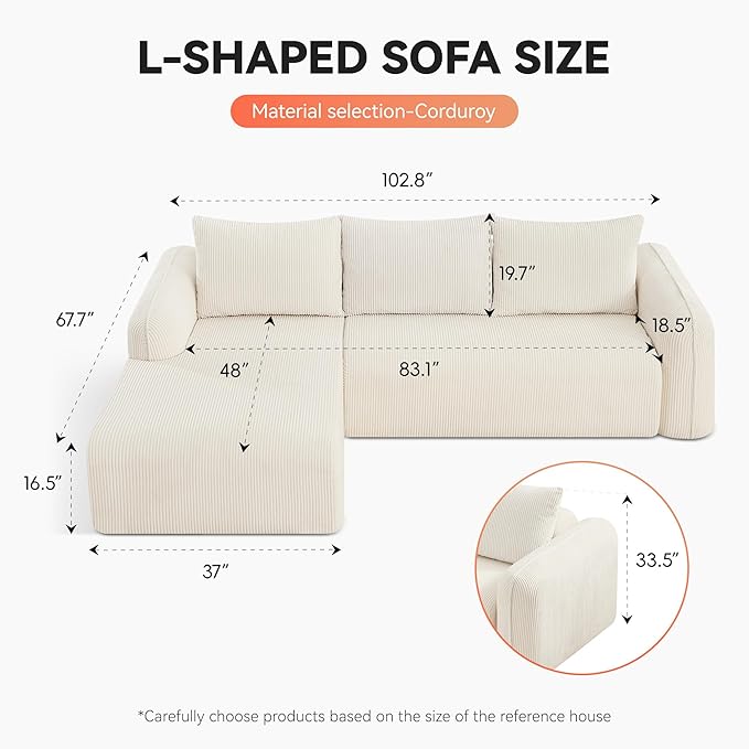 103'' Boneless Corduroy L Shaped Couch, 3 Seat Modular Sectional Deep Seat Sofa with Chaise Lounge, No Assembly Cloud Lounge Sleeper Sofa, White
