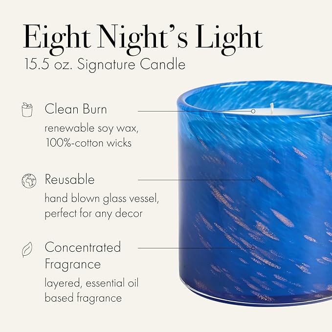 LAFCO New York 2025 Holiday Signature Candle, Eight Nights’ Light - 15.5 oz - 90-Hour Burn Time - Reusable, Hand Blown Glass Vessel - Made in The USA
