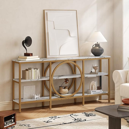 66.9-Inch Sofa Tables Narrow Long, 3 Tier Extra Tall Console Table Industrial Behind Couch Table Gold Large Console Tables for Living Room, Entryway, Hallway (White+Champagne Gold)
