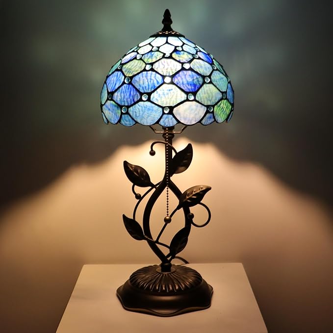Small Tiffany Lamp Sea Blue Water Ripple Style Stained Glass Table Lamps Desk Bedside Reading Light 8X8X18 Inches with Bronze Metal Leaf Resin Base