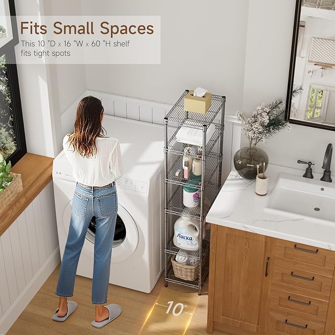 Small 5 tire Shelves Storage Wire Shelving Unit Metal Shelf Adjustable Organizers Storage Shelving for Bathroom Laundry Room Kitchen Pantry10”D x 16”W x 60.2”H Silver