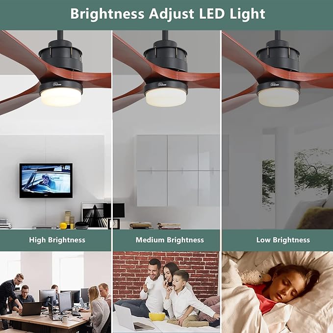 Sofucor 60 inch Ceiling Fan with Lights and Remote, Modern Large LED Ceiling Fan with 3 Walnut Blades and 3 Black Downrods, for Indoor Living Room Bedroom Outdoor Patio Porch, Reversible DC Motor