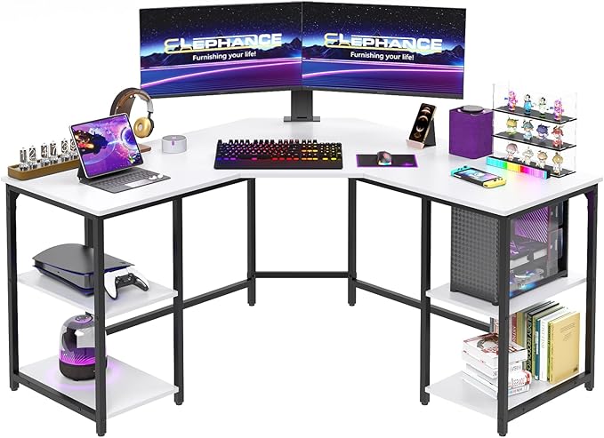 Elephance L-Shaped Desk with Shelves, Computer Corner Desk, Home Office Writing Workstation, Gaming Desk PC Laptop Table with Storage