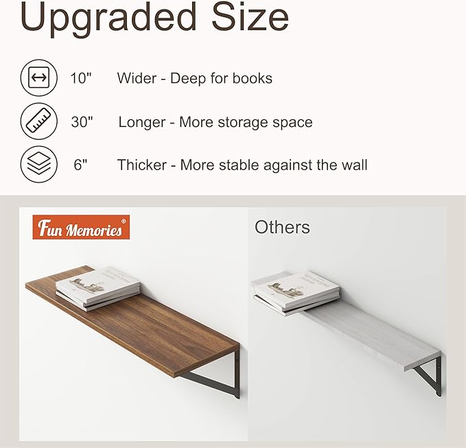 10 Inch Deep Floating Shelves, Walnut Floating Shelves 30 Inch Long, Rustic Wood Wall Shelves 30"W x 10"D, Deep Floating Shelf with Bracket, Wide Storage Shelves for Books, Living Room, Bathroom