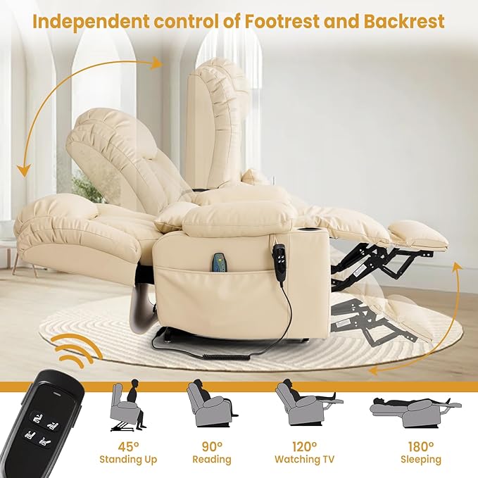 PARKOL Large Infinite Position Leather Power Lay Flat Lift Studded Recliner Chairs for Elderly, Dual Motor with Massage and Heating,Extended Footrest, USB&Type-C Port Remote,Cup Holder (Beige, Large)