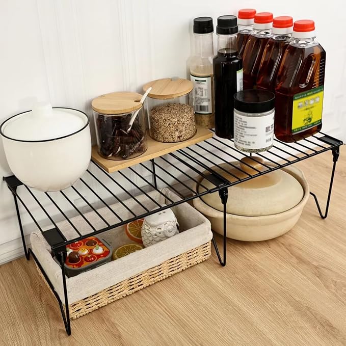 1/2-Piece Set freezer organizer,Stackable Cabinet Organizer Shelves,Foldable Pantry Shelf,Plate, Dish,Rustproof Metal Storage Organizer