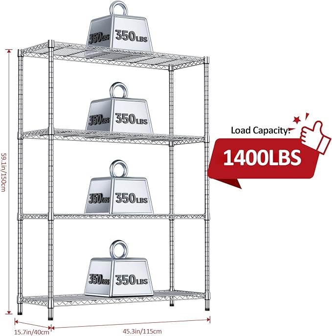 IZEUK 4-Tier Adjustable Heavy Duty Metal Wire Shelving Unit, Wide Storage Rack Organizer for Garage, Kitchen, Office, Dorm, Warehouse (Silver, 15.8" D x 45.8" W x 59.4" H, 1400 lbs Capacity)