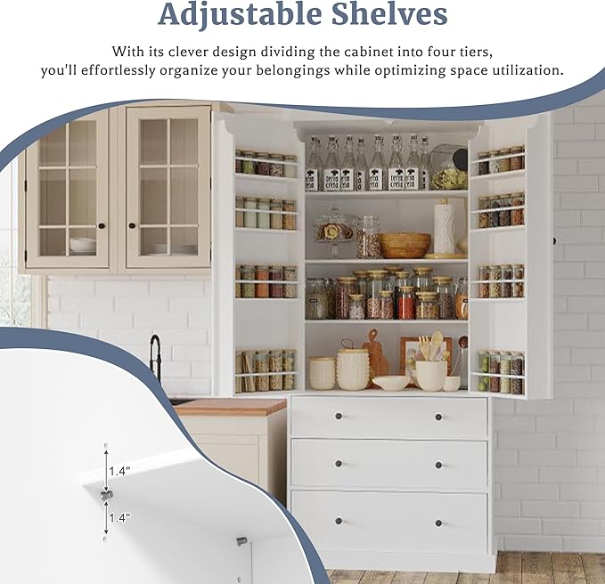 Merax 77" Tall Kitchen Storage Cabinet Pantry Farmhouse Freestanding Large Cupboardwith 3 Drawers,3 Adjustable Shelves,8 Door-Shelf for Dining Room,White