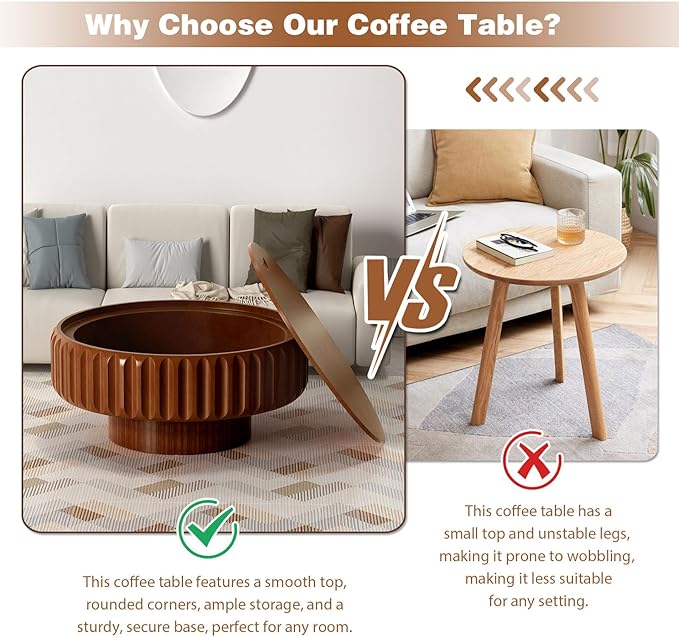 Round Drum Coffee Table with Storage Modern Coffee Table with Solid Wood Veneered Circle Center Table Accent Tea Table for Living Room Apartment Small Space (31.5in)