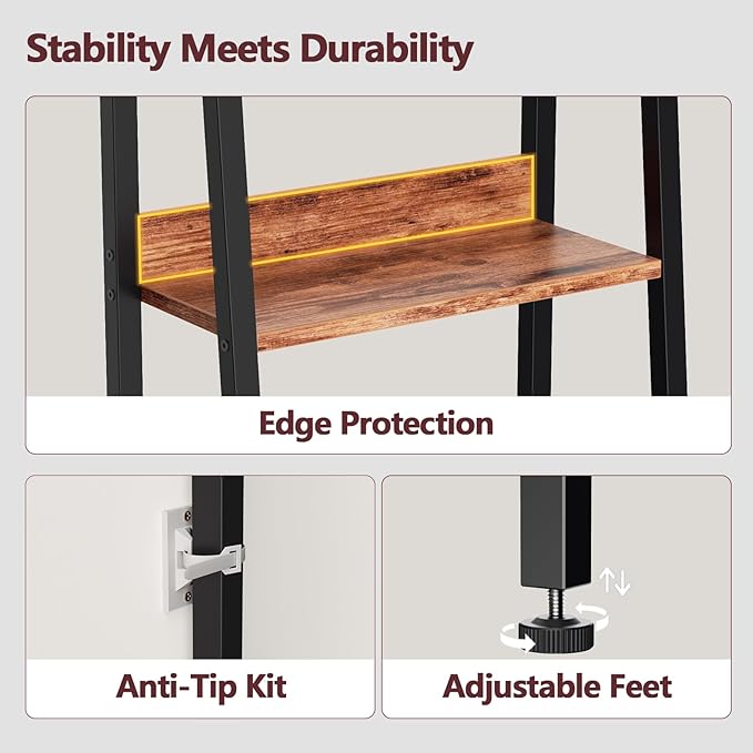 Furologee 6 Tier Ladder Shelf,Ladder Bookshelf with Drawer,Industrial Tall Bookcase,Storage Rack Organizer,Wood Metal Freestanding Shelves for Living Room, Home Office, Bedroom,Rustic Brown