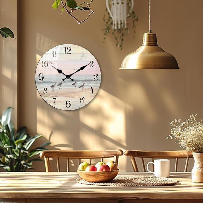 Small Coast Wall Clock for Bedroom Decor - 10 Inch Round Rustic Wooden Wall-Clocks Silent Non-Ticking Clock for Farmhouse, Bedroom Battery Powered