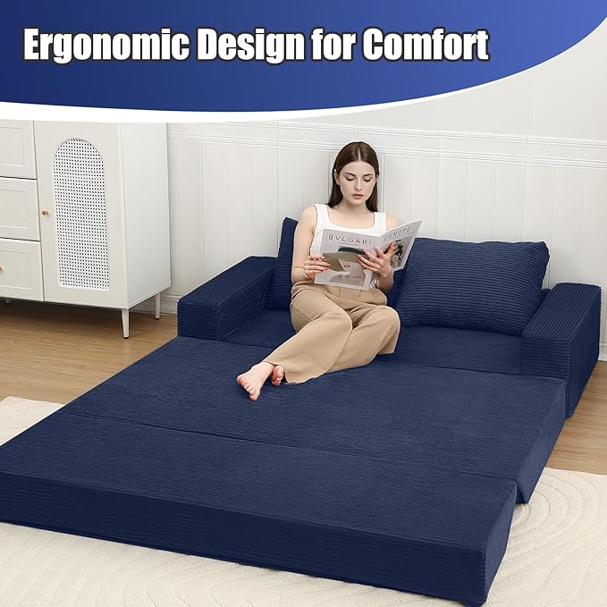 COMAX Convertible Sofa Bed Queen, Corduroy Folding Floor Couch Pull Out Couch Bed Futon Sleeper with Pillows, Fold Out Boneless Sofa Comfy Lounge Mattress Loveseat for Living Room Bedroom, Navy