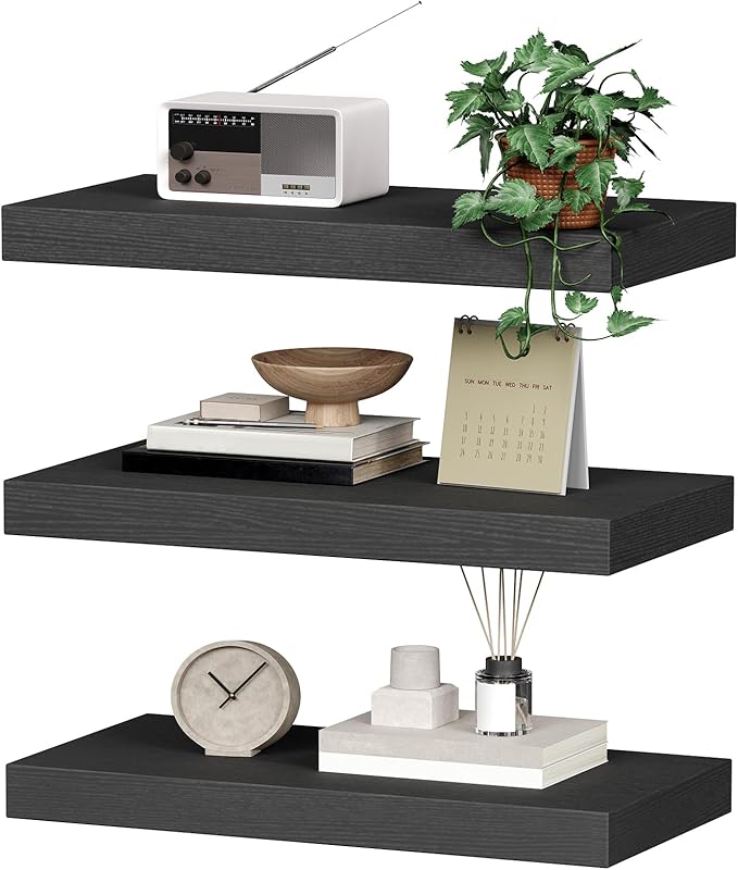 Floating Shelves for Wall, 1.5" Thick Wall Shelf Set of 3 with Invisible Brackets, 15.7L x 7.9W Hanging Book Shelves Farmhouse Home Decor for Bathroom, Living Room, Bedroom, Black 4301BJP3BK