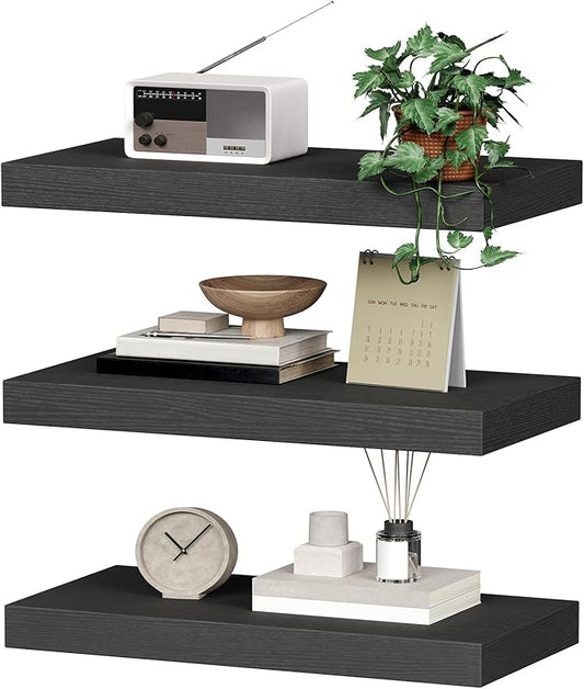 Floating Shelves for Wall, 1.5" Thick Wall Shelf Set of 3 with Invisible Brackets, 15.7L x 7.9W Hanging Book Shelves Farmhouse Home Decor for Bathroom, Living Room, Bedroom, Black 4301BJP3BK