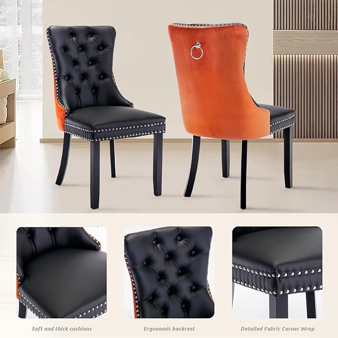 SoarFlash Kitchen Table and Chairs for 2, 31.5" Dining Table Set for 2 with Leather Upholstered Chairs, 3 Piece Round Kitchen Table Set, Dining Room Table Set for Small Space, Apartment, Black/Orange