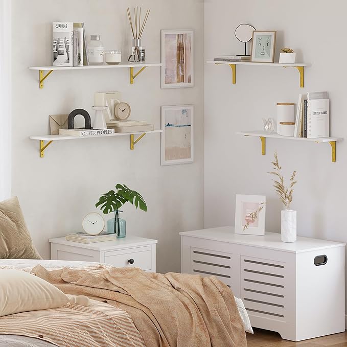 DINZI LVJ Long Wall Shelves, Set of 4, 31.5Inch Wall Mounted Shelves, Floating Shelves for Wall Storage with Metal Brackets, for Living Room, Bathroom, Bedroom, Kitchen, White and Gold