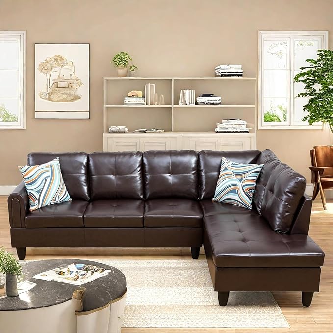 108-Inch Modular L-Shaped Sectional Sofa with Deep Seat, Modern L Shaped Cloud Couch with Chaise, Upholstered Couches for Living Room, Bedroom, Office, No Assembly Require (Leather)