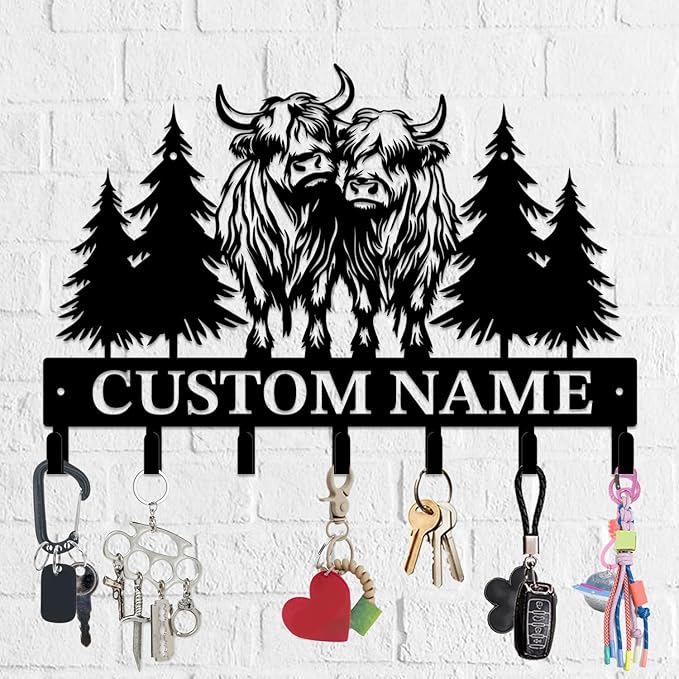 Personalized Highland Cow Metal Keys Hooks,Custom Name Metal Highland Cow Keys Hooks,Black Metal Highland Cow Wall Home Storage Decorative Keys Hooks,Key Holder Hooks for Wall (Style I)