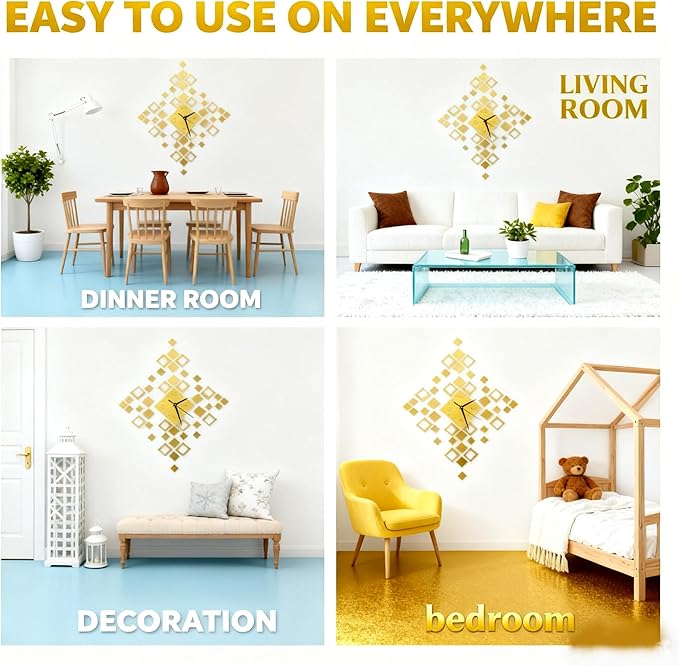 Frameless DIY Wall Clock – Large Modern 3D Mirror Wall Clock with Numbers Stickers, DIY Clock Kit for Home, Living Room, Bedroom, Office Wall Decor(Gold)