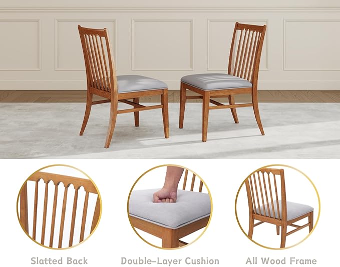 chairus Upholstered Dining Chairs Set of 6, Natural Wooden Barrel Kitchen Chairs with Slat Back Double-Layer Cushion Farmhouse Accent Chairs for Dining Room/Living Room/Restaurant, Chenille Grey