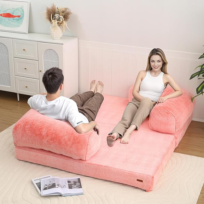 COMAX 4-in-1 Futon Sofa Bed, Queen Size Foldable Couch with L-Shaped Armrests, Convertible Sleeper Chair Bed, Comfortable Lounge Mattress for Living Room and Bedroom, Snow Orange