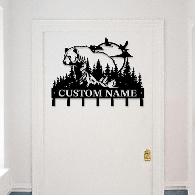 Personalized Custom Name Bear Key Wall Hooks,Metal Bear Keys Clothes Hooks,Metal Bear Wall Home Storage Decorative,For Front Door, Hallway, Kitchen, Bedroom,Keys,Hats (Style N)