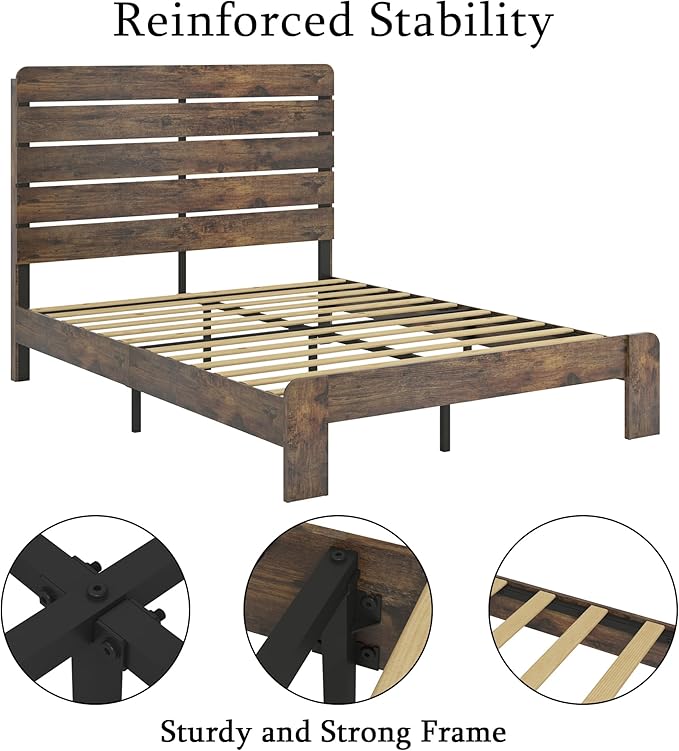 Queen Size Bed Frame with Wooden Headboard and Footboard, Rustic Platform Bedframe, Wood Slats Support, No Box Spring Needed, Under Bed Storage, Easy Assembly, Brown