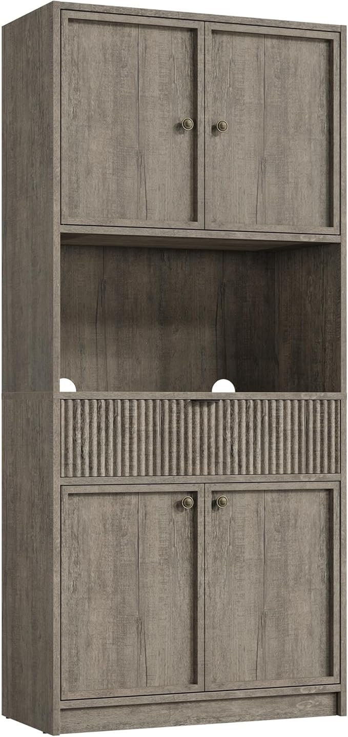 Garvee Tall Kitchen Pantry Cabinet, 70" Pantry Storage Cabinet with Countertop, Fluted Kitchen Hutch Cabinets with Doors and Drawer, Freestanding Cupboard for Dining Room, Living Room, Gray