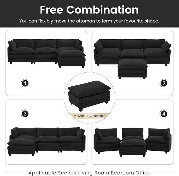 ROWHY Oversized Modular Sectional Couch with Movable Ottoman, 112" Modern Convertible L Shaped Sofa Set, 4 Seat Comfy Cloud Couch with 2 Throw Pillows, for Living Room and Office, Chenille, Black