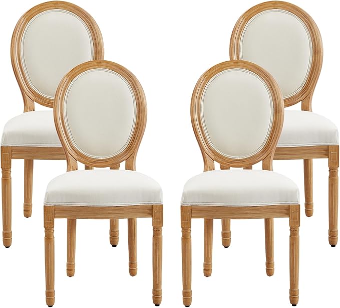 Nrizc French Country Dining Chairs Set of 4, Farmhouse Fabric Chairs with Round Back, Solid Wood Legs, Oval Side Chairs for Kitchen/Bedroom/Dining Room