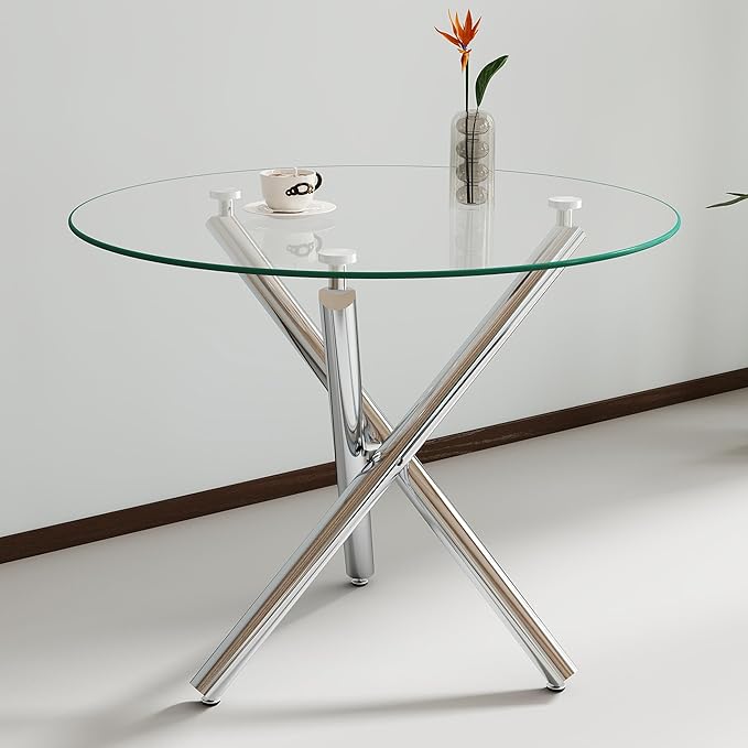 36" Round Glass Dining Room Table for 4 with Tempered Glass Top and Silver Chrome Metal Tube Legs, Modern Clear Kitchen and Dinner Table for Home Office Dining Room
